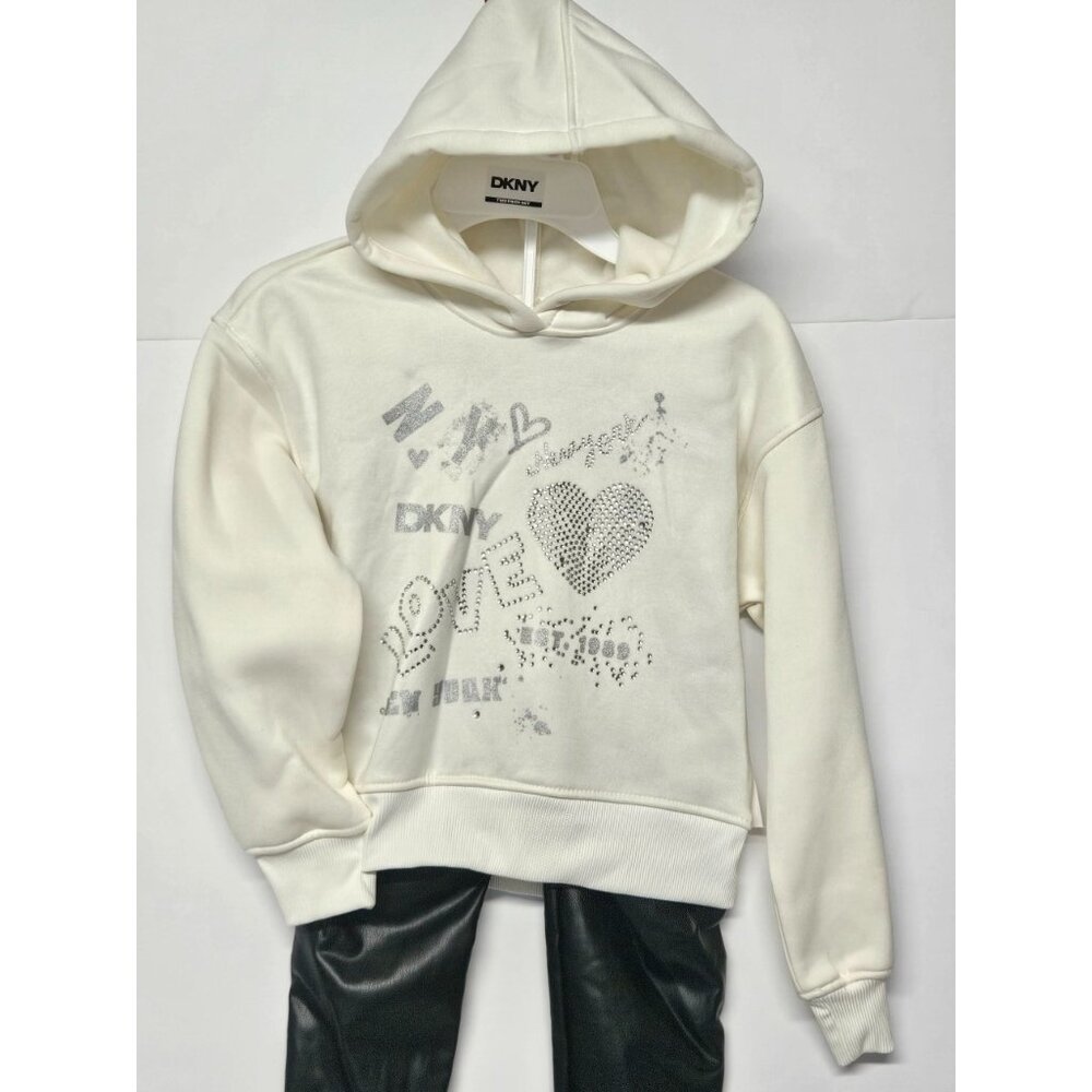 DKNY Girls Size 6 2 Pc Outfit, Sparkling Stone Like Hoodie, Leather Like Pants